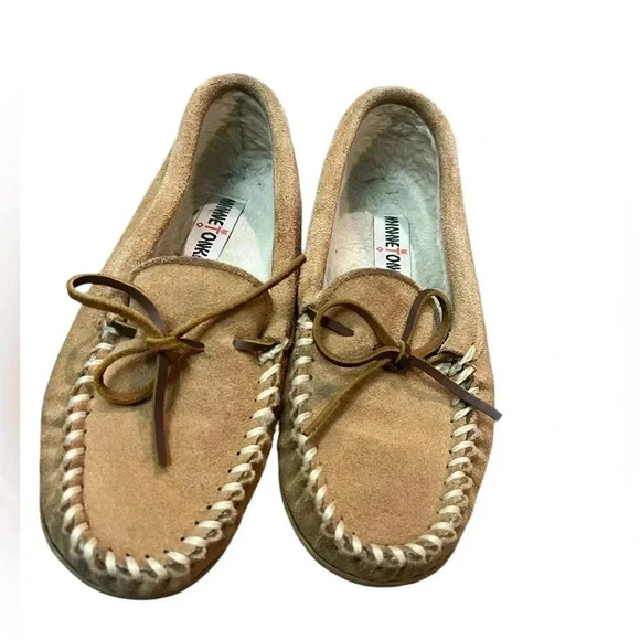 Minnetonka leather faux fur moccasin house slipper comfort size 7 women’s shoe - Picture 3 of 10